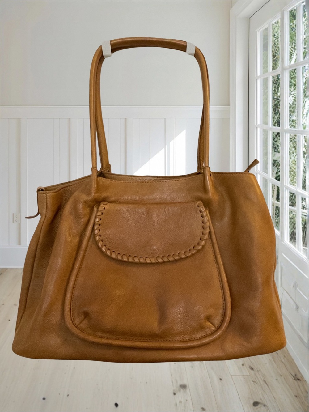 VILENCA HOLLAND Women's Tan Genuine Leather Tote Shoulder Bag Boho Whipstitch
